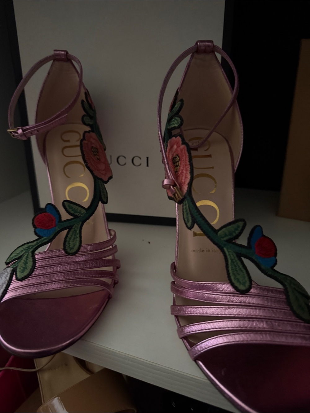Gucci Metallic Pink Floral Appliqué Ankle-Strap Heels